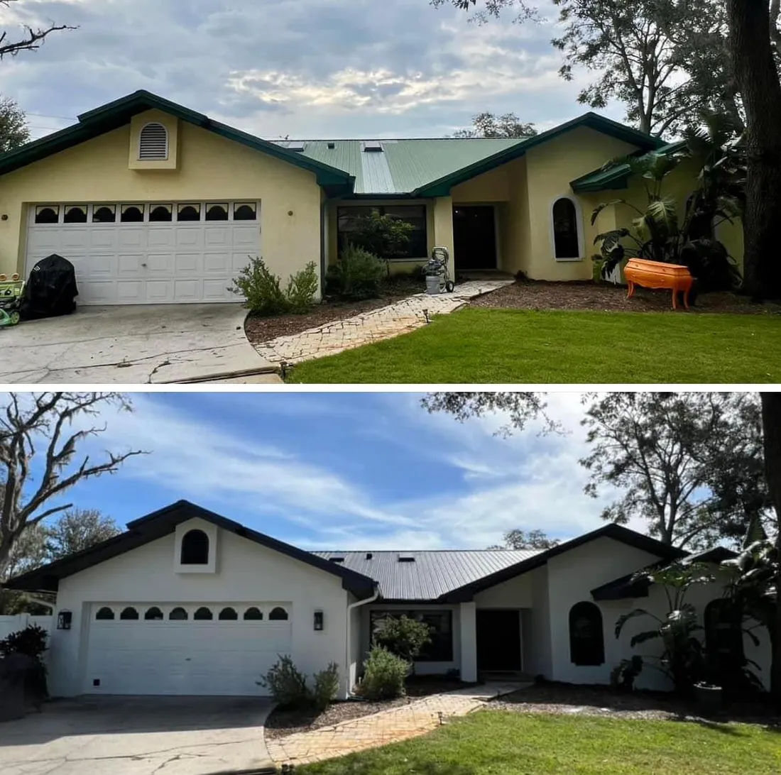 Before and after of an exterior repaint by Garrity Painting