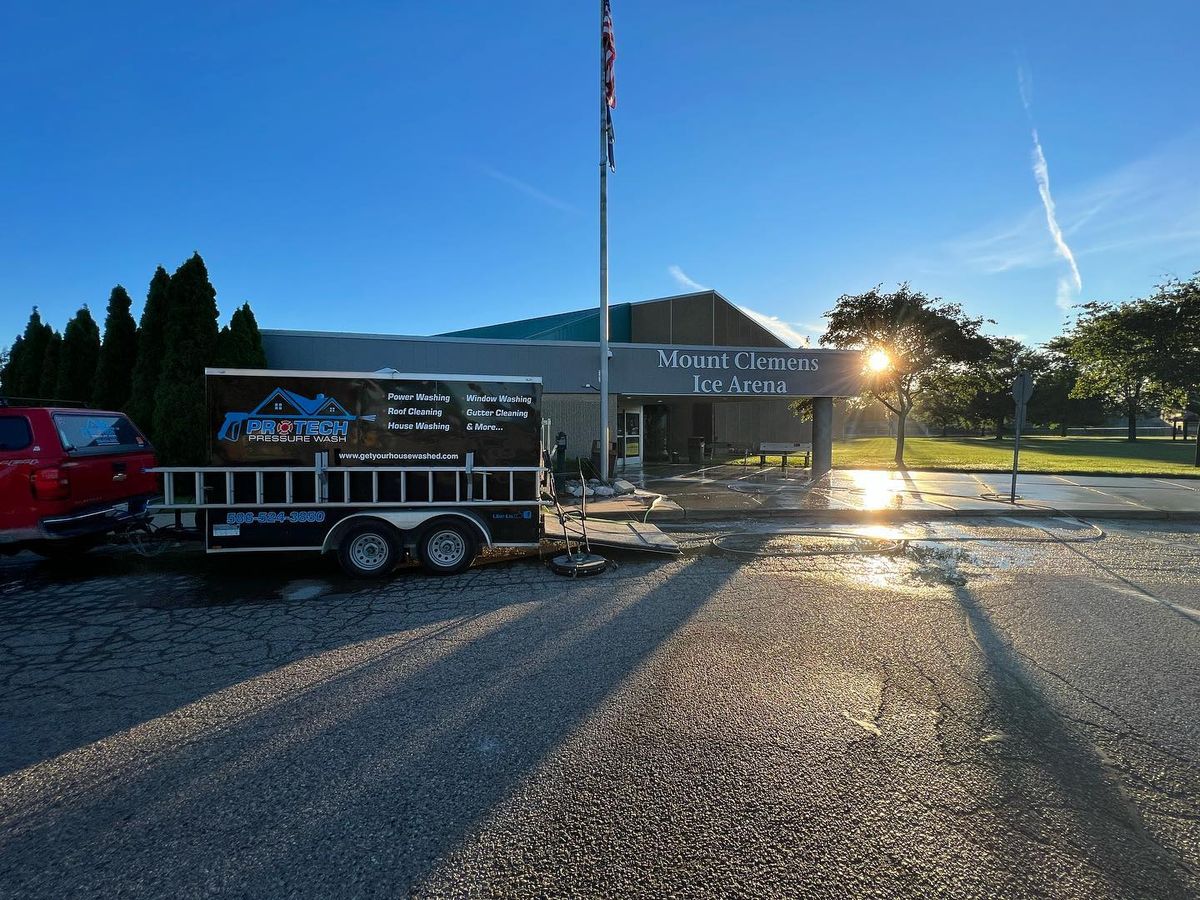 The ProTech trailer outside the Mount Clemens Ice Arena after an early morning wash