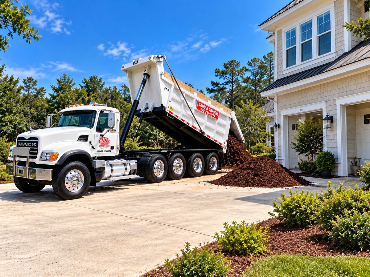 White Farr Trucking Mack unloading mulch in a driveway