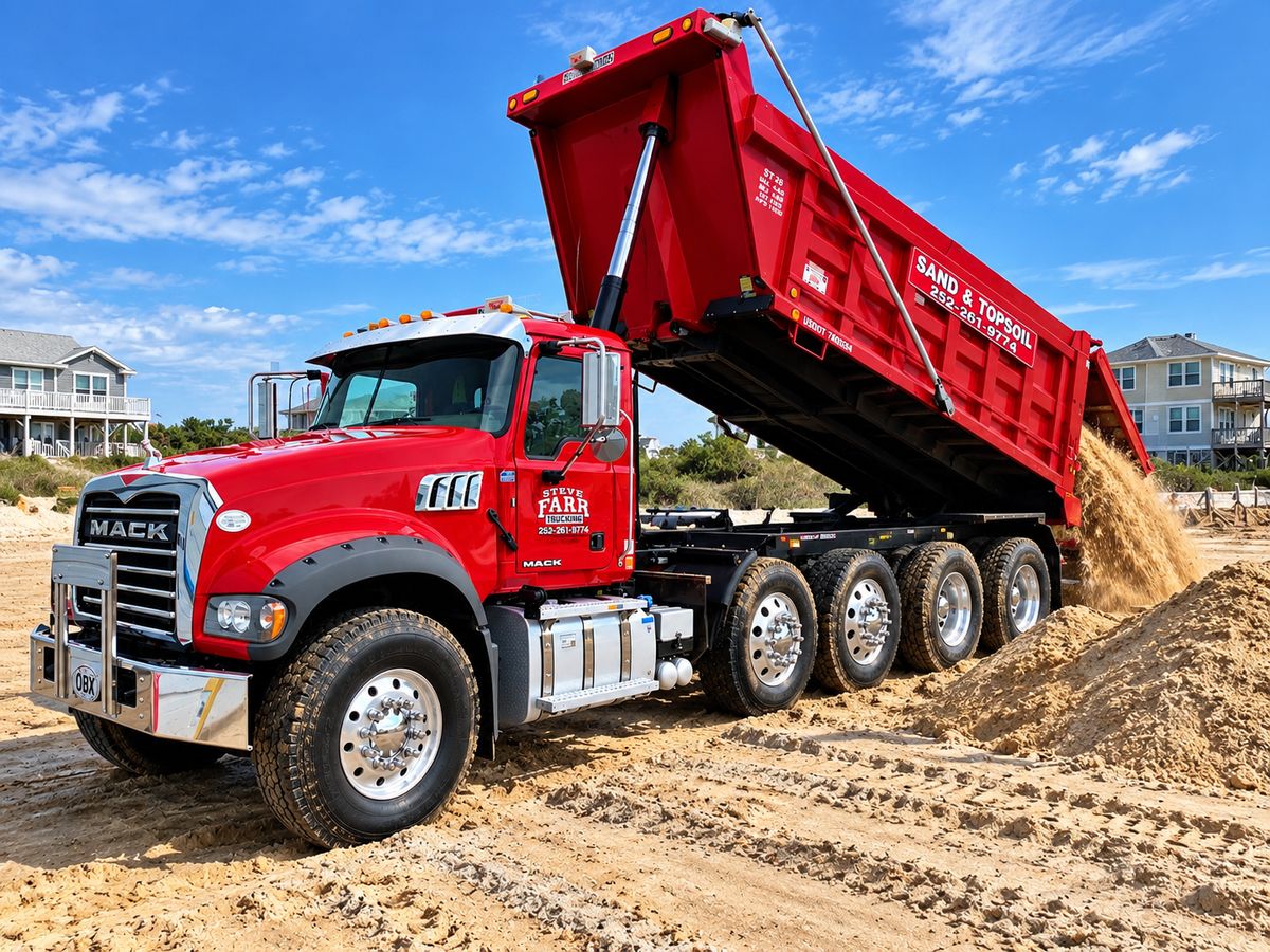 Farr Trucking red Mack dump truck unloading fill sand