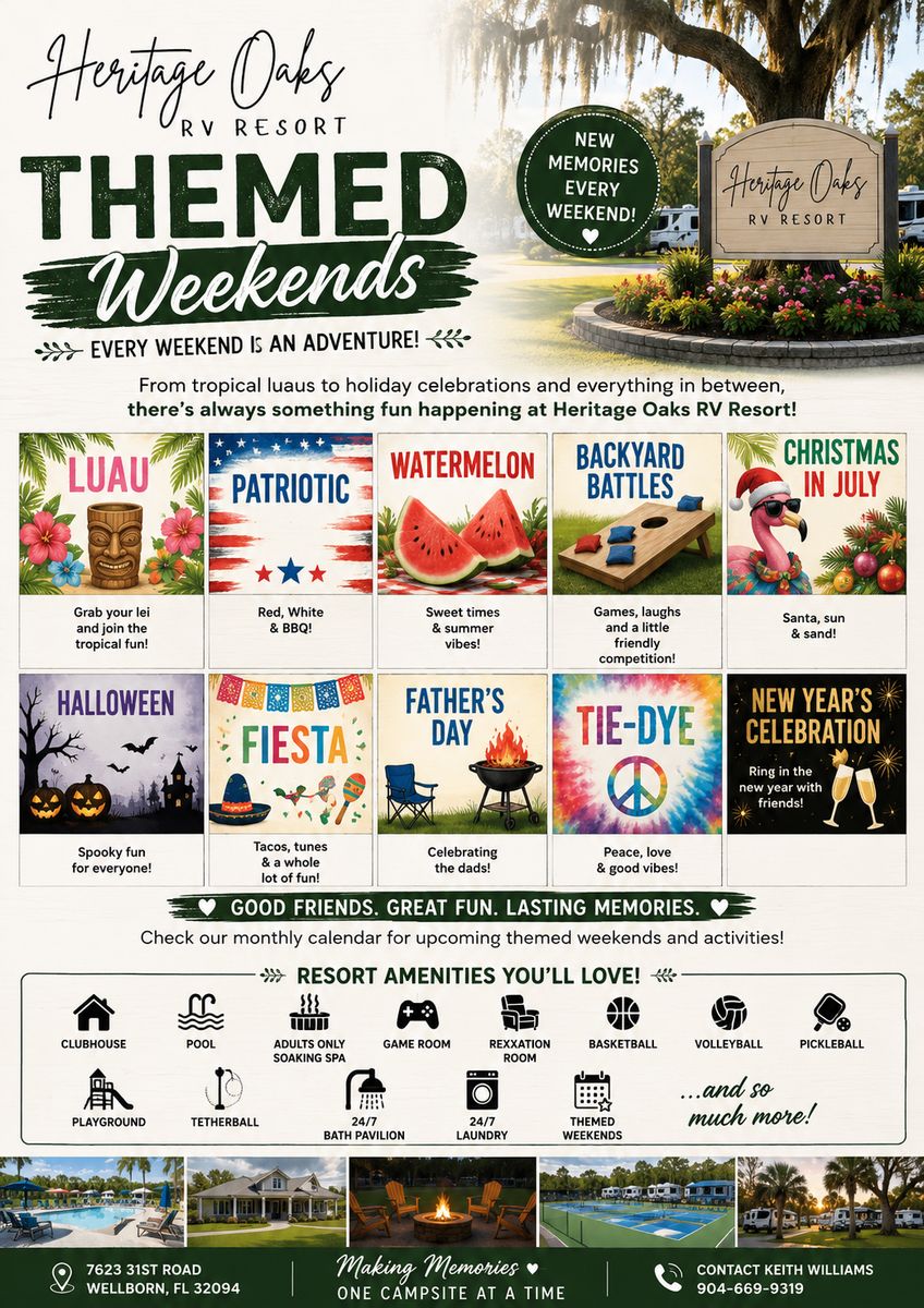 Heritage Oaks RV Resort themed weekends calendar poster