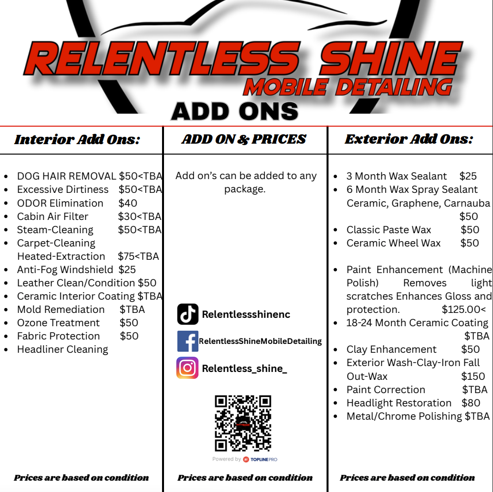 Exterior Package  for Relentless Shine Mobile Detailing in Calabash, NC