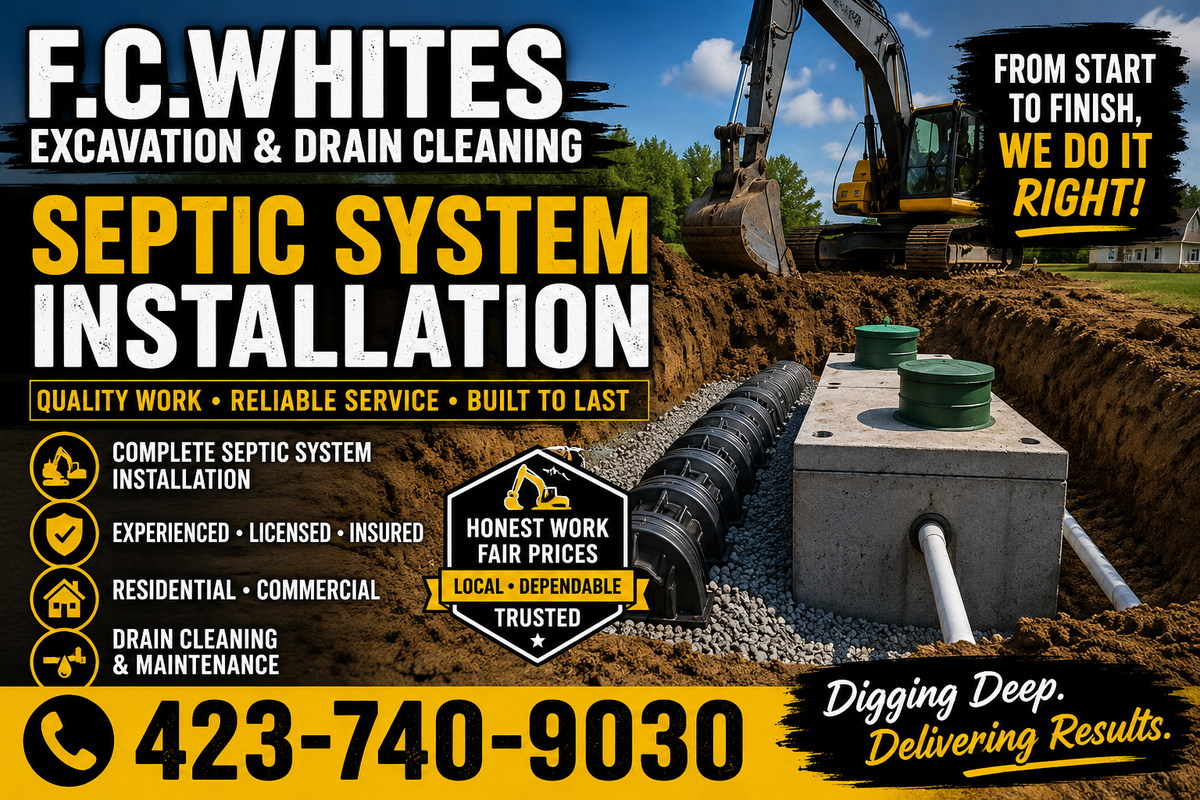 Septic System Installation for F.C. White’s Excavation & Drain Cleaning in Huntingdon, TN