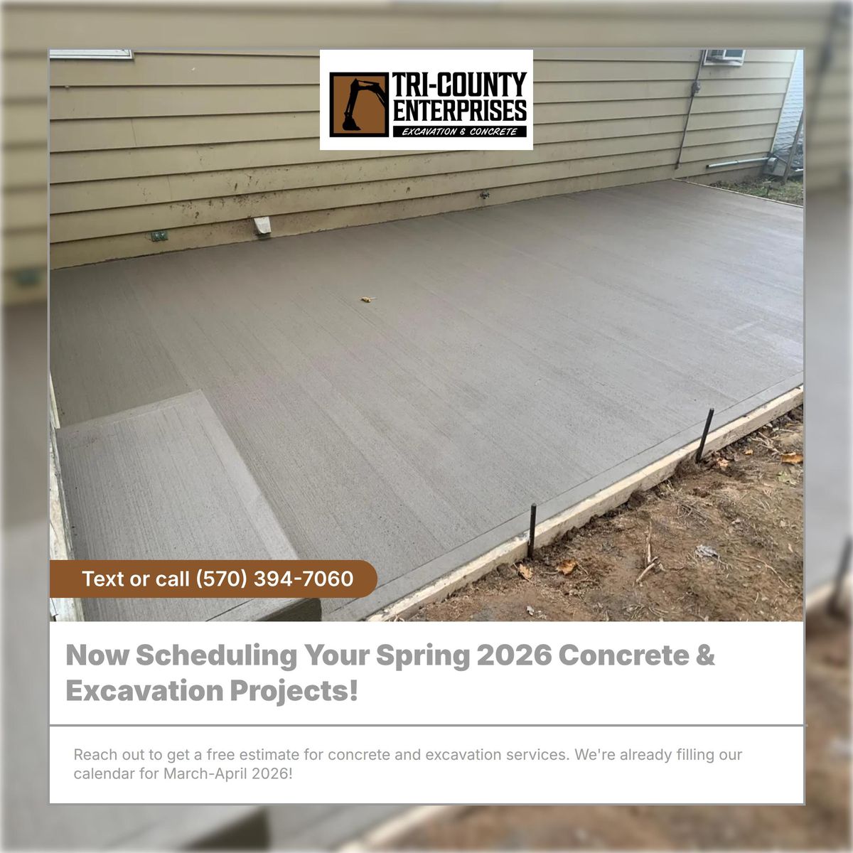 Concrete Slab Construction for Tri County Enterprises in Benton, PA