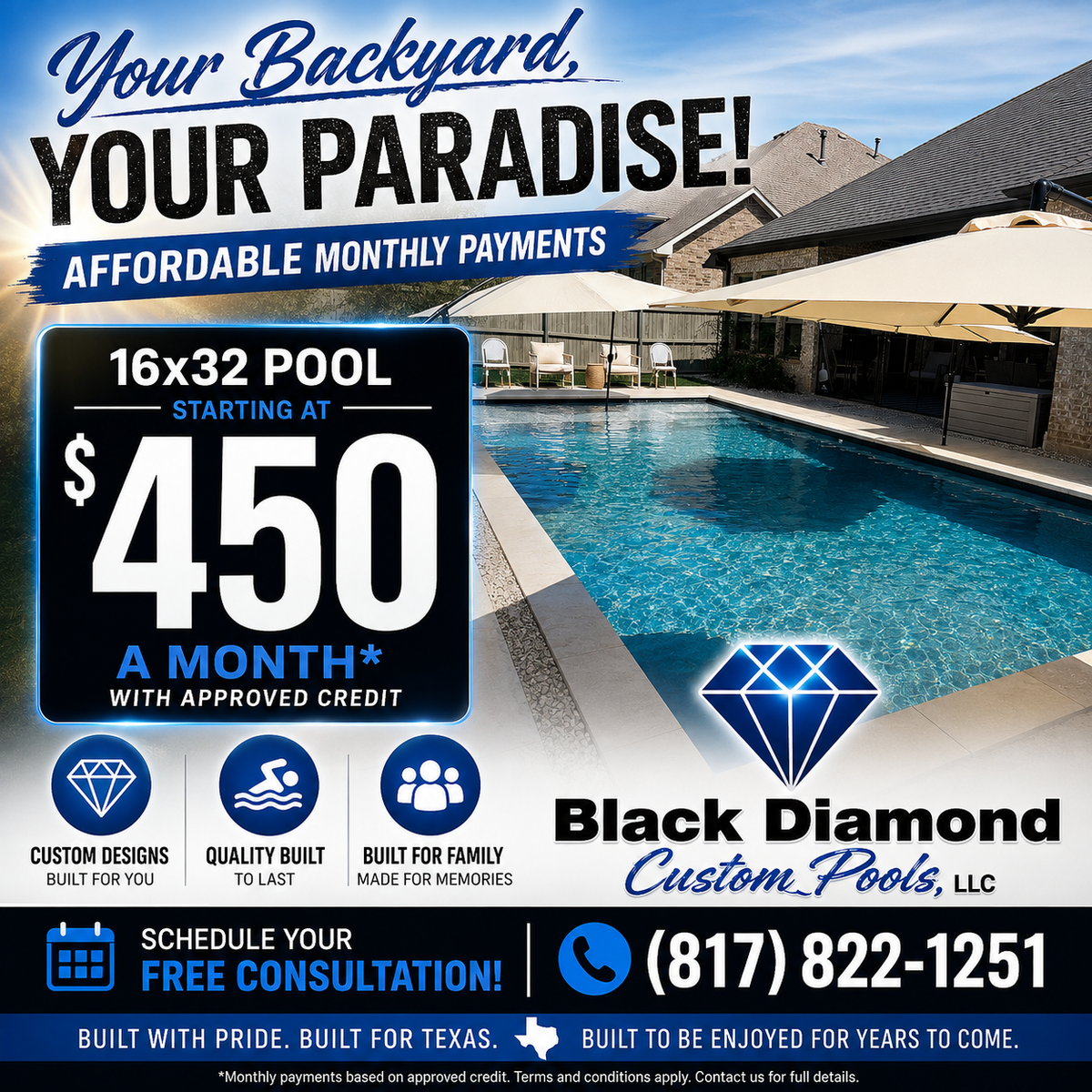 Custom Pool Construction for Black Diamond Custom Pools LLC in Azle, TX