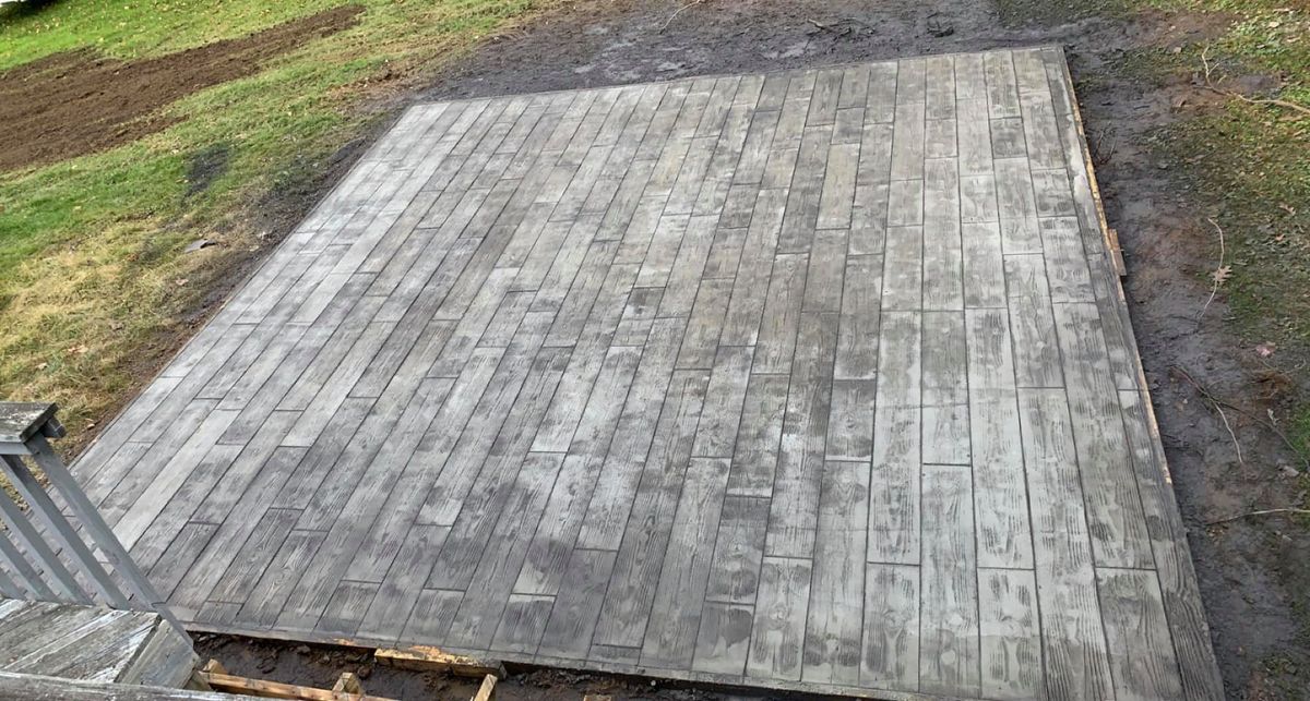 Stamped Concrete Installation for LeClaire Flatworx in Bomoseen, VT