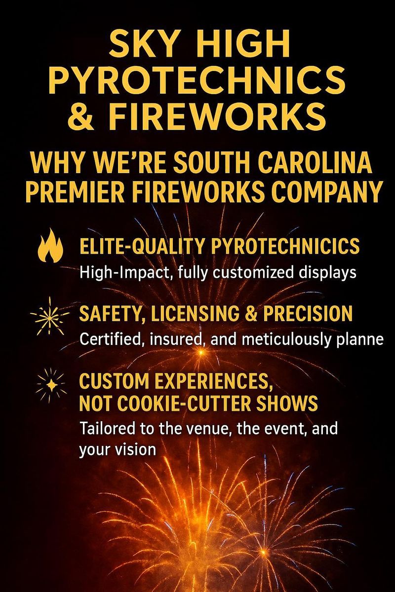 ⭐ How They Became the #1 Pyrotechnics & Fireworks Company in South Carolina for Sky High Pyrotechnics & Fireworks Serving South Carolina, Georgia and Delaware. Wedding fireworks display company, Fourth of July fireworks display, gender reveal fireworks display, near me, Myrtle Beach Charleston Horry County Georgetown County. in Horry County, SC