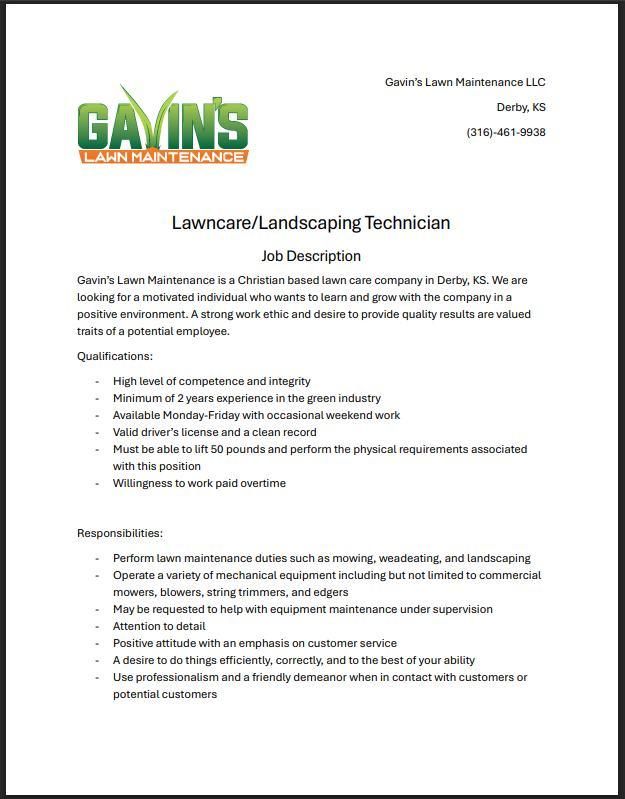 Lawn Maintenance for Gavin's Lawn Maintenance in Derby, KS