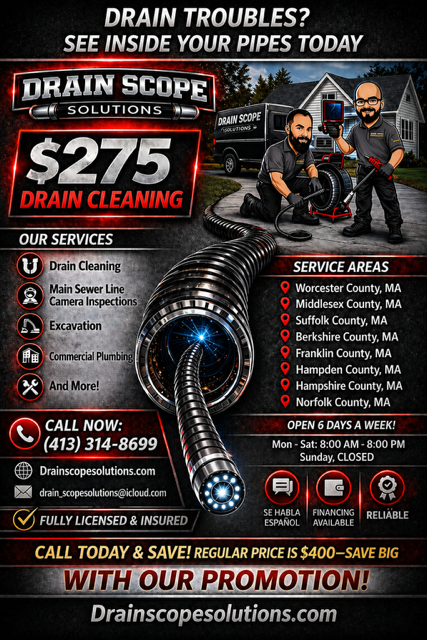 Main Sewer Line Camera Inspections for Drain Scope Solutions in Agawam, MA