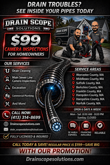 Main Sewer Line Camera Inspections for Drain Scope Solutions in Agawam, MA
