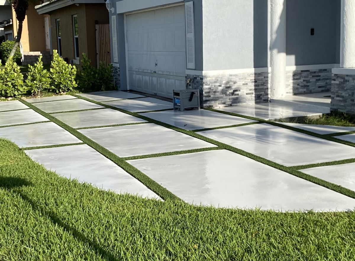 Concrete Squares with Faux Grass or Rocks for Beautiful and Affordable Stamped Concrete by Castilla Concrete Finish Design Corp in Sunrise, FL