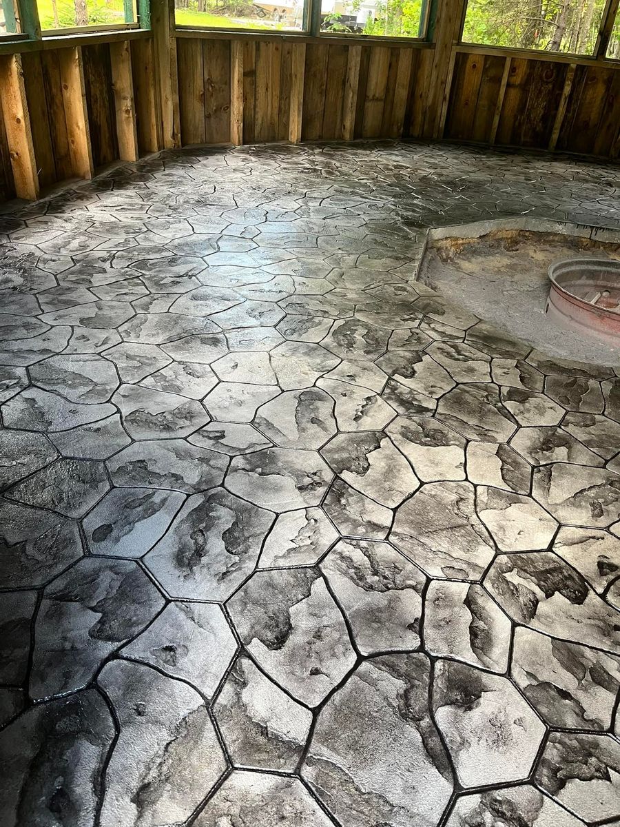 Stamped Concrete Installation for LeClaire Flatworx in Bomoseen, VT