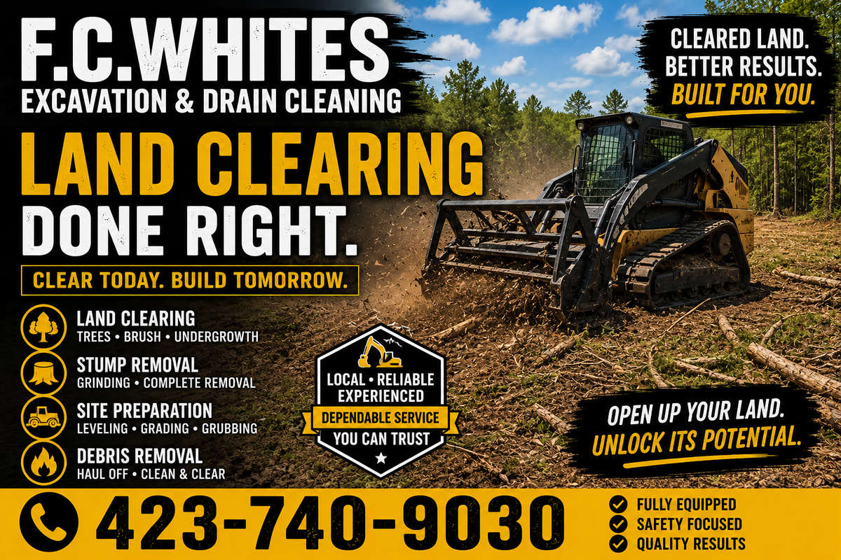 Land Clearing for F.C. White’s Excavation & Drain Cleaning in Huntingdon, TN