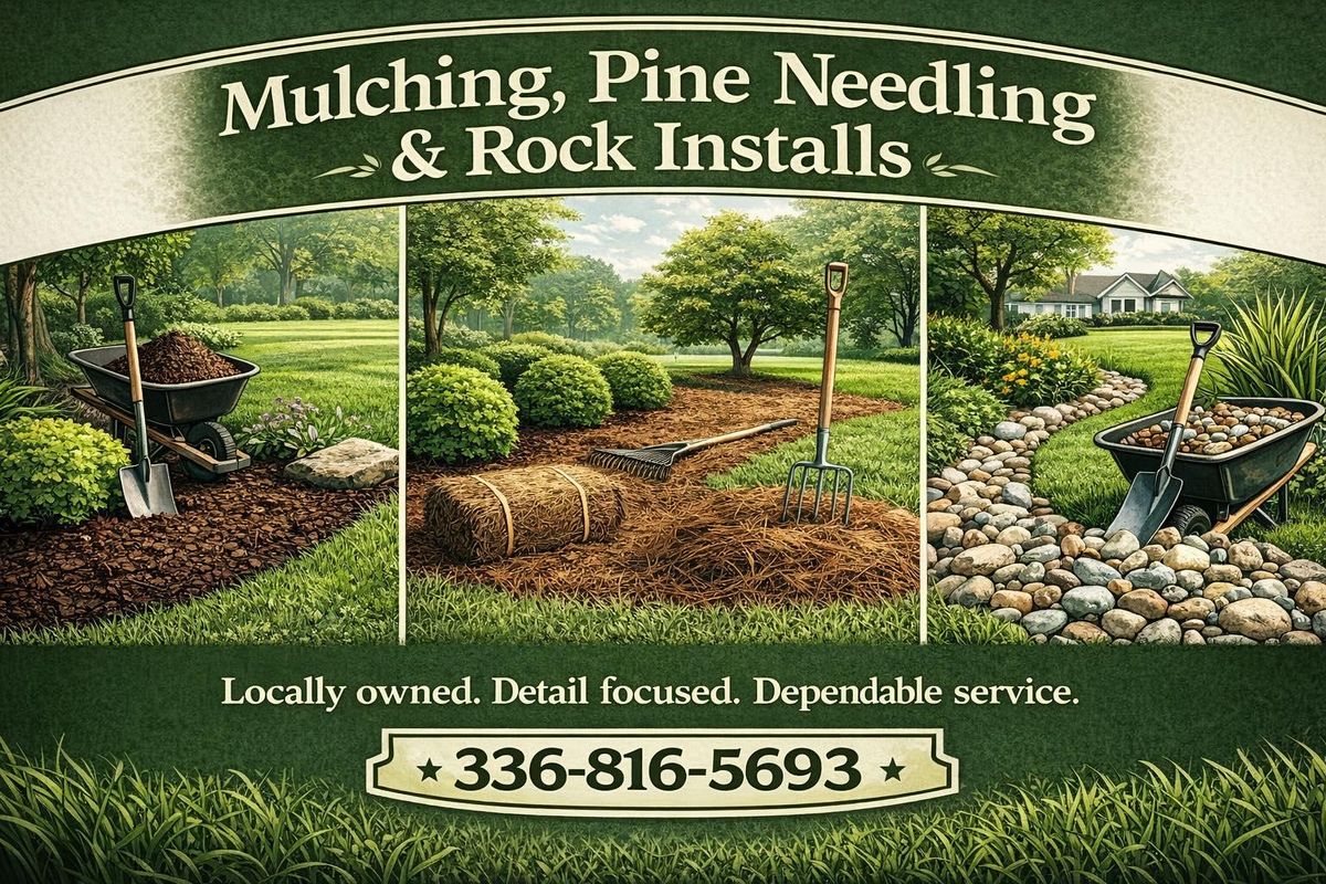Mulching and pine needling for Holloway Yard Company in Greensboro, NC