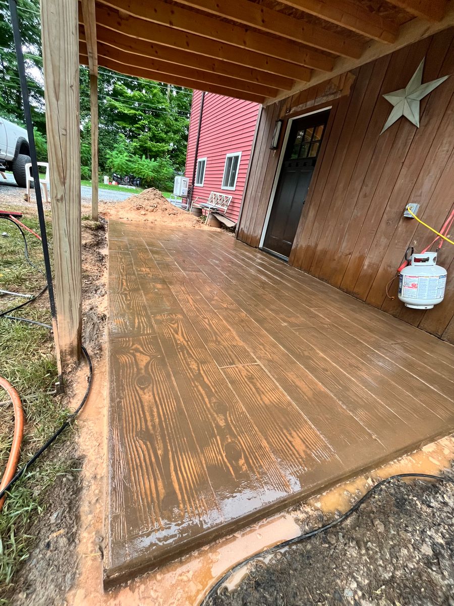 Stamped Concrete Installation for LeClaire Flatworx in Bomoseen, VT