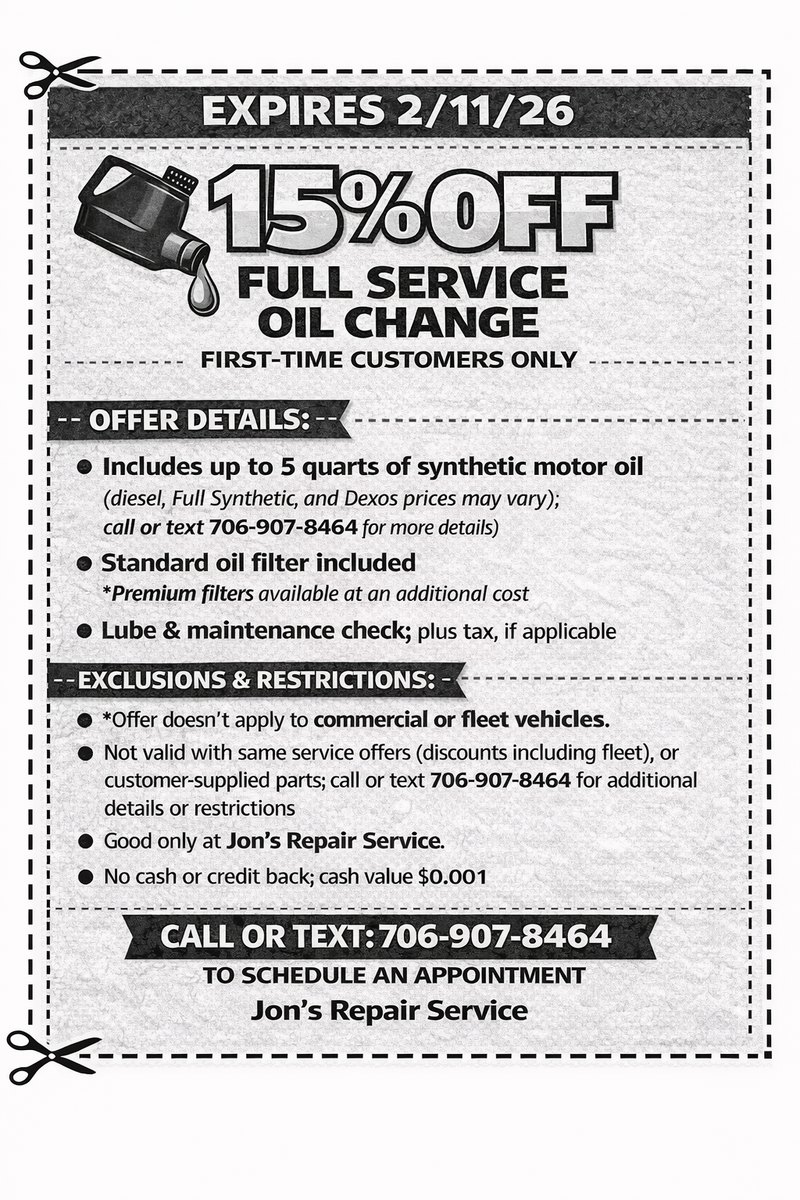 Vehicle Servicing for Jon's Repair Service in Elberton, GA