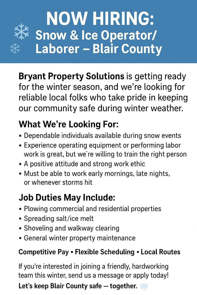 Snow removal for Bryant Property Solutions in Altoona, PA