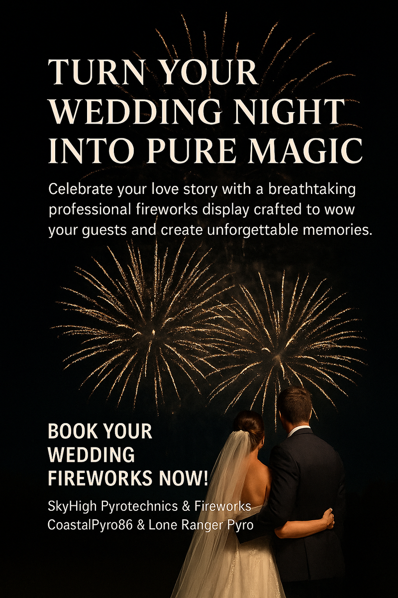 Wedding Fireworks Near Me for Sky High Pyrotechnics & Fireworks Serving South Carolina, Georgia and Delaware. Wedding fireworks display company, Fourth of July fireworks display, gender reveal fireworks display, near me, Myrtle Beach Charleston Horry County Georgetown County. in Horry County, SC