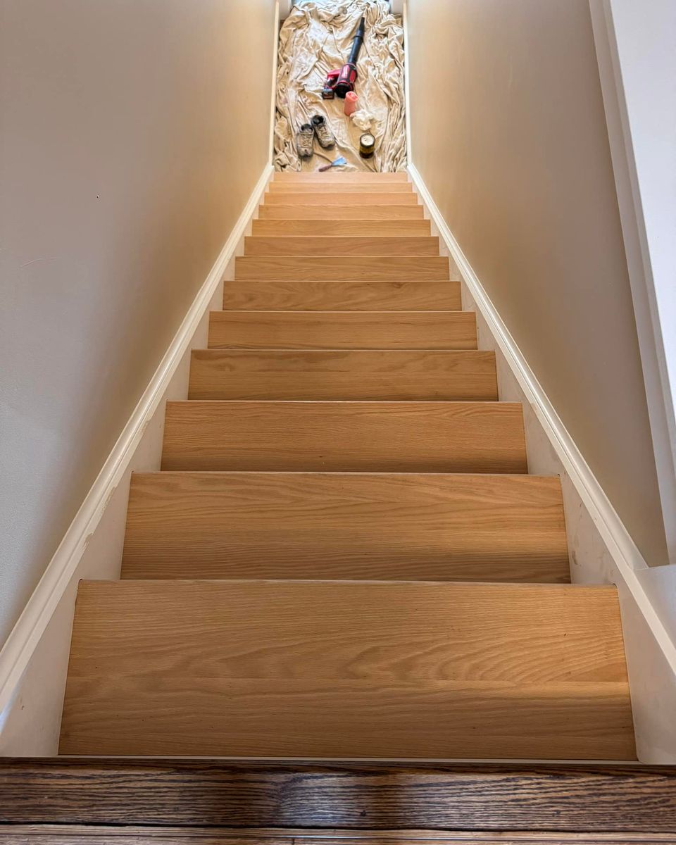 Oak staircases staining for  C&M Painting Finishing in Rochester, NY