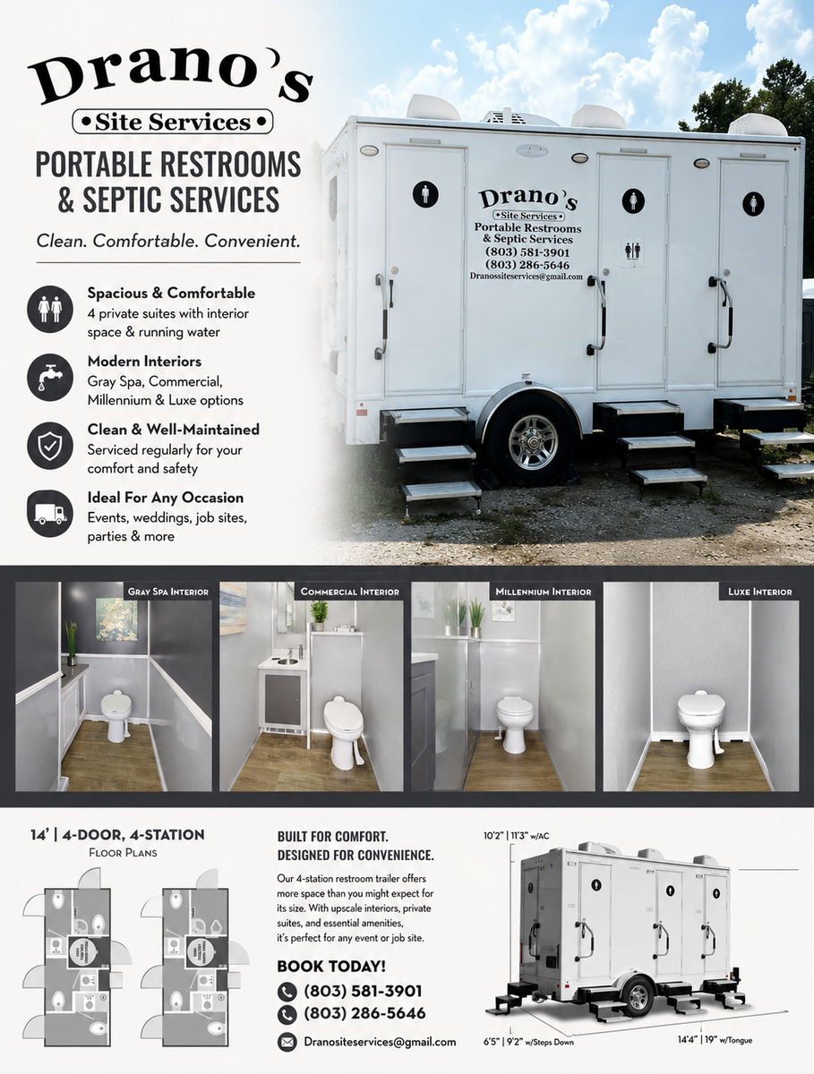 Restroom Trailer Rentals for Drano's Site Services in Chester, SC