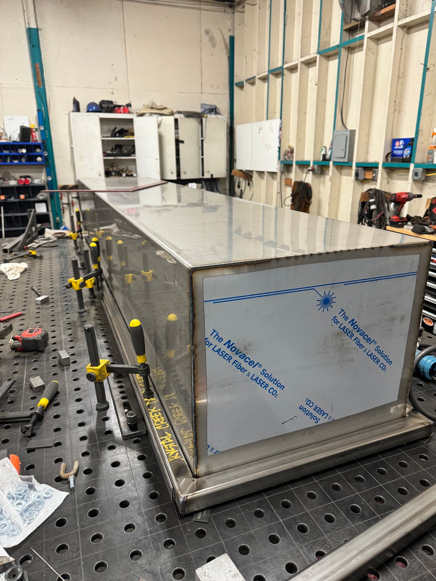 Long aluminum box on the fixture table