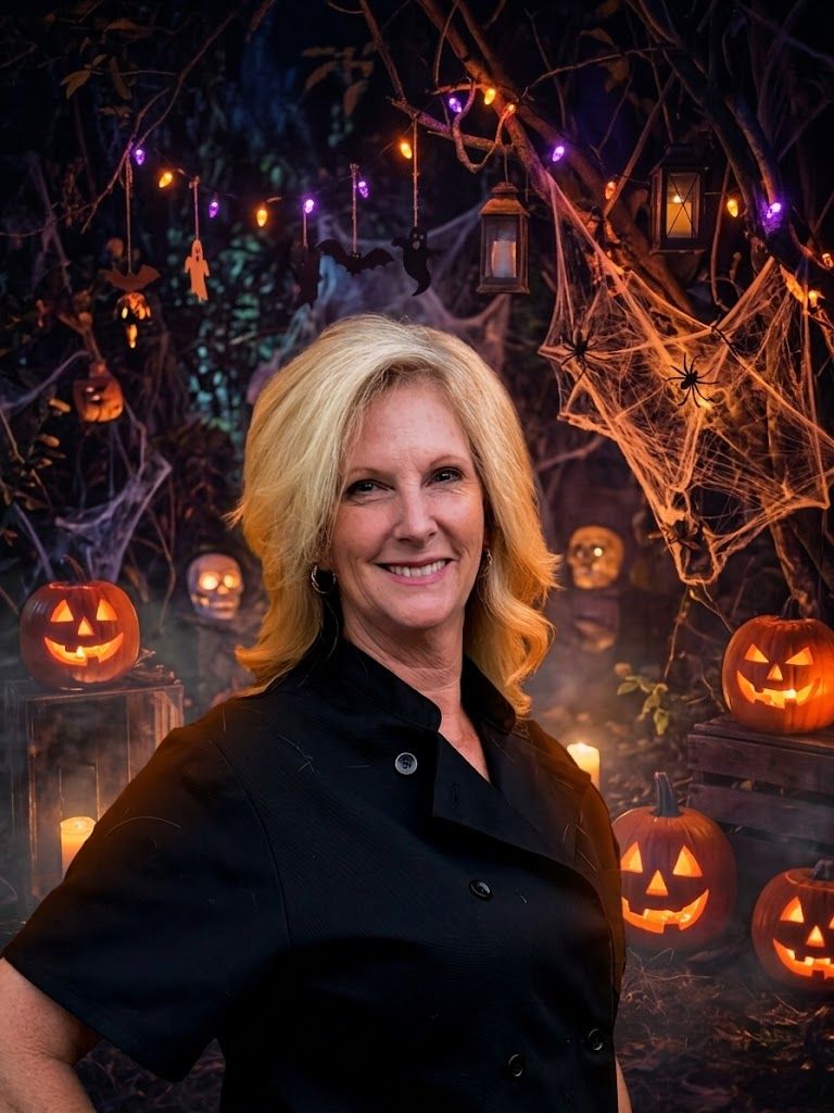 Karen, Chef KC, in her chef coat in front of jack-o-lanterns and Halloween lights