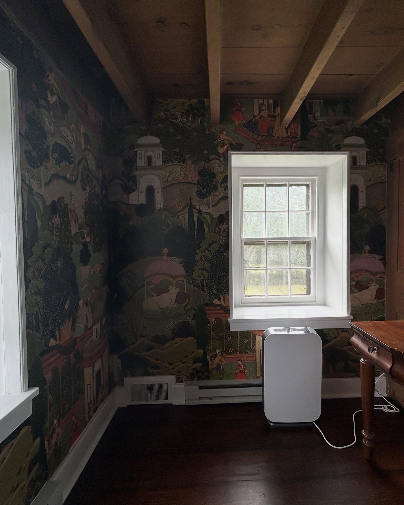 Upstairs room in an 1807 Montgomery County farmhouse papered in Gardens of Jaipur