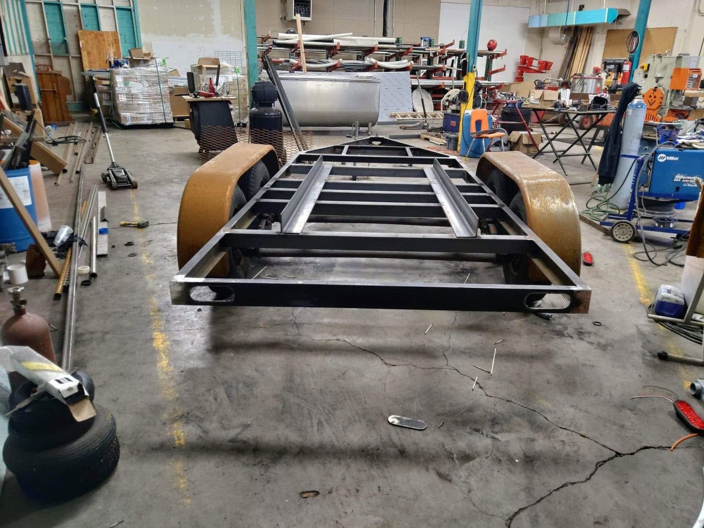 Trailer frame fabricated on the fixture table in the Valhalla shop