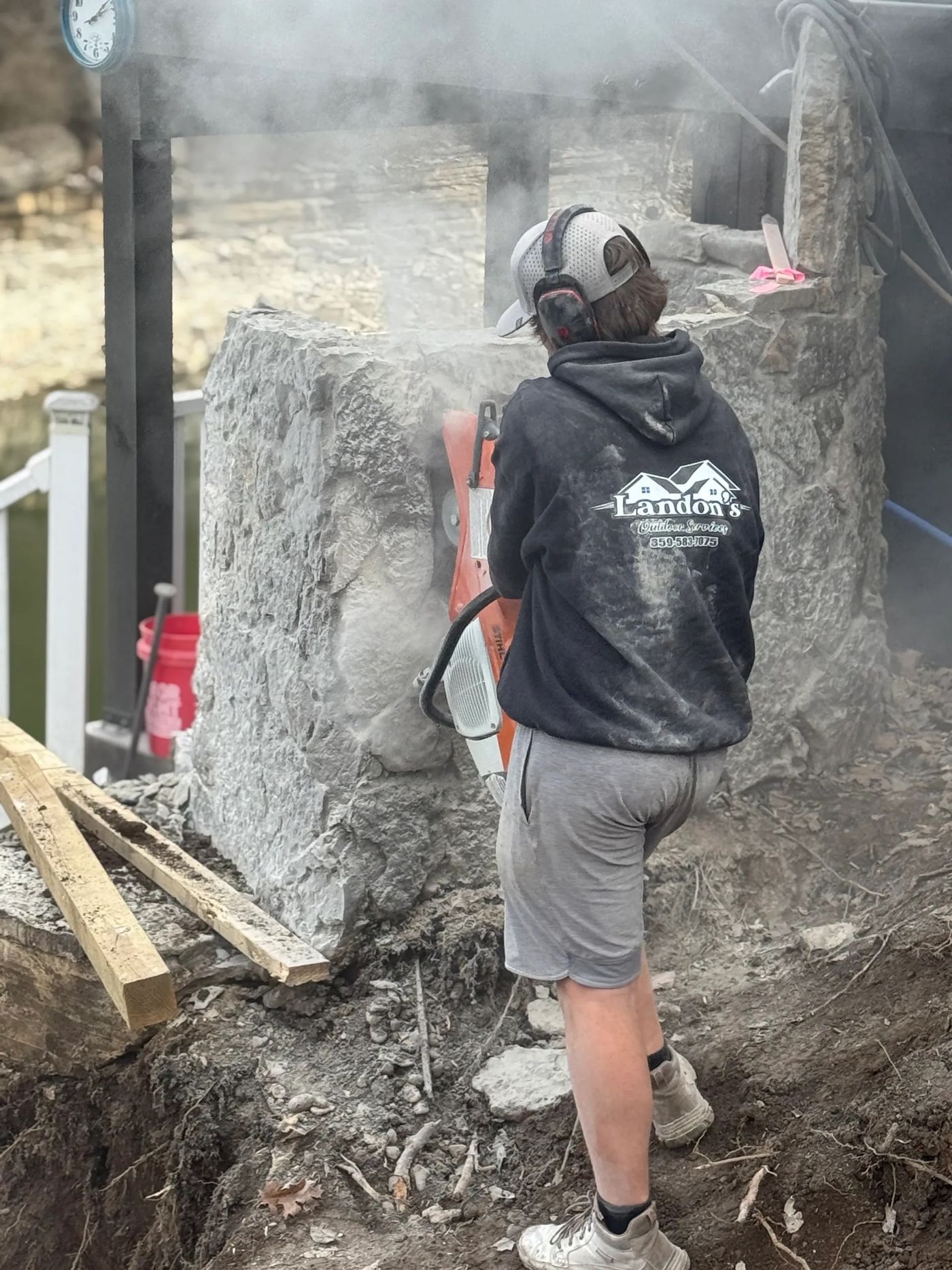 Our crew cutting stone on site
