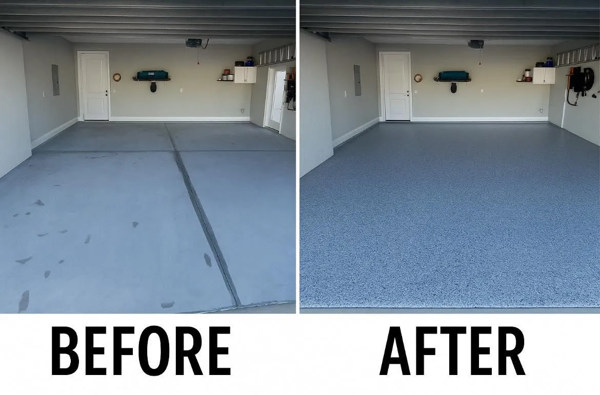 Garage floor before coating, showing cracked and stained bare concrete