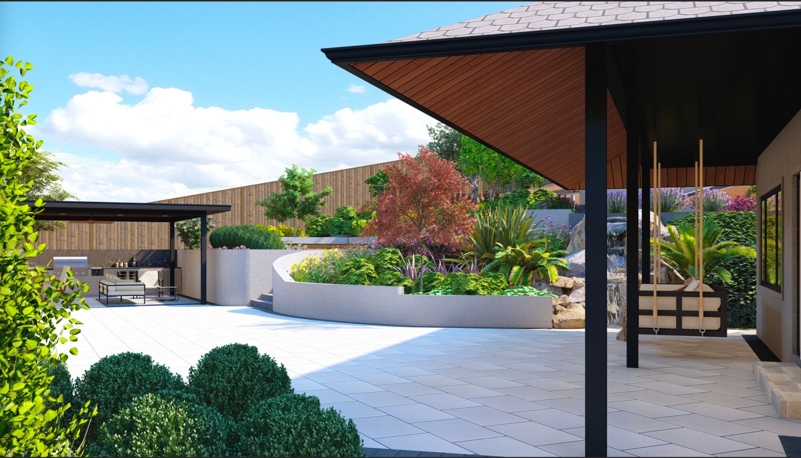 3D rendering of the scheme — a cantilevered pavilion on steel posts, a curved raised planter and large-format paving