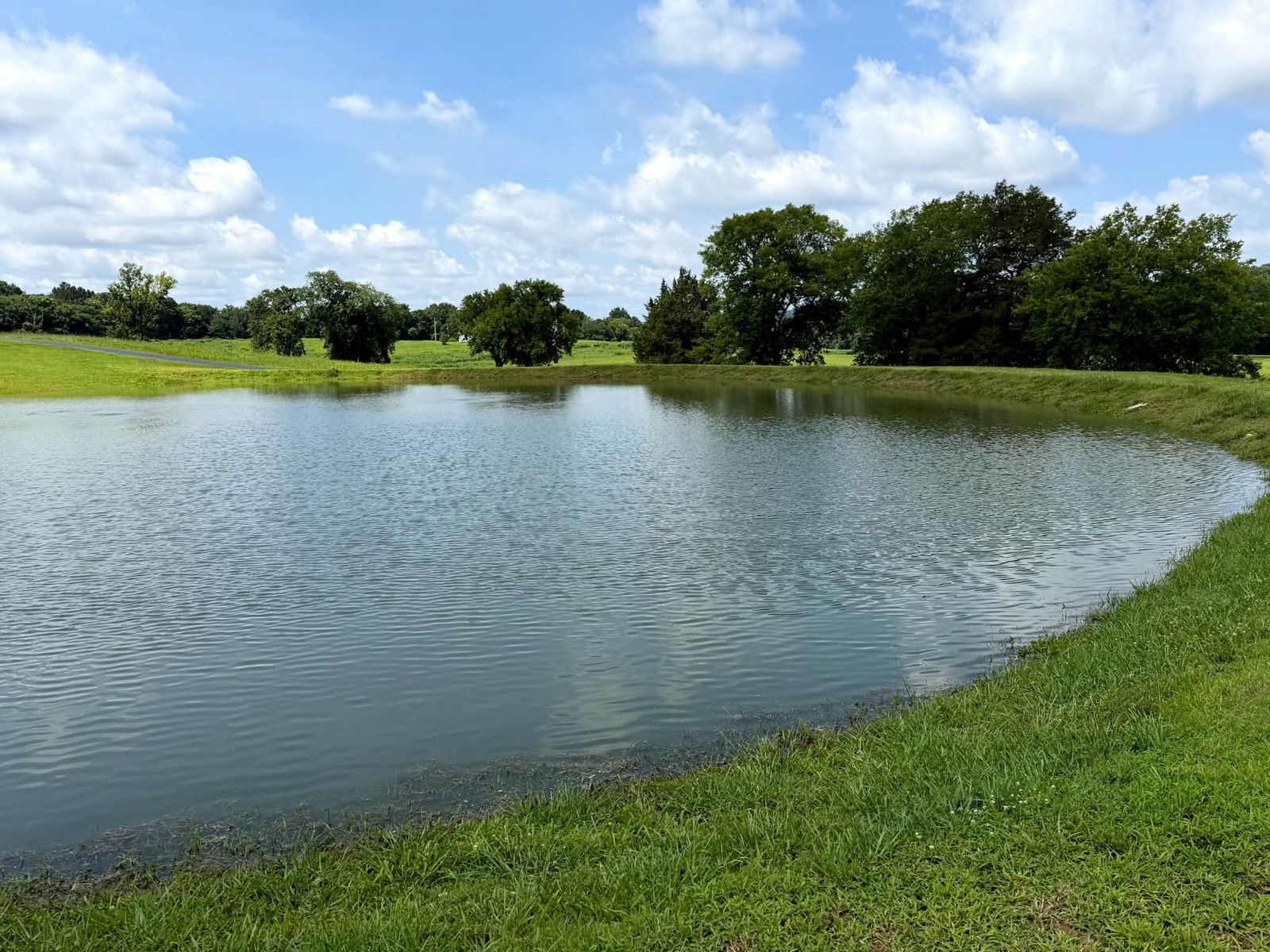 Finished pond with a green grass bank and open water under a partly cloudy sky