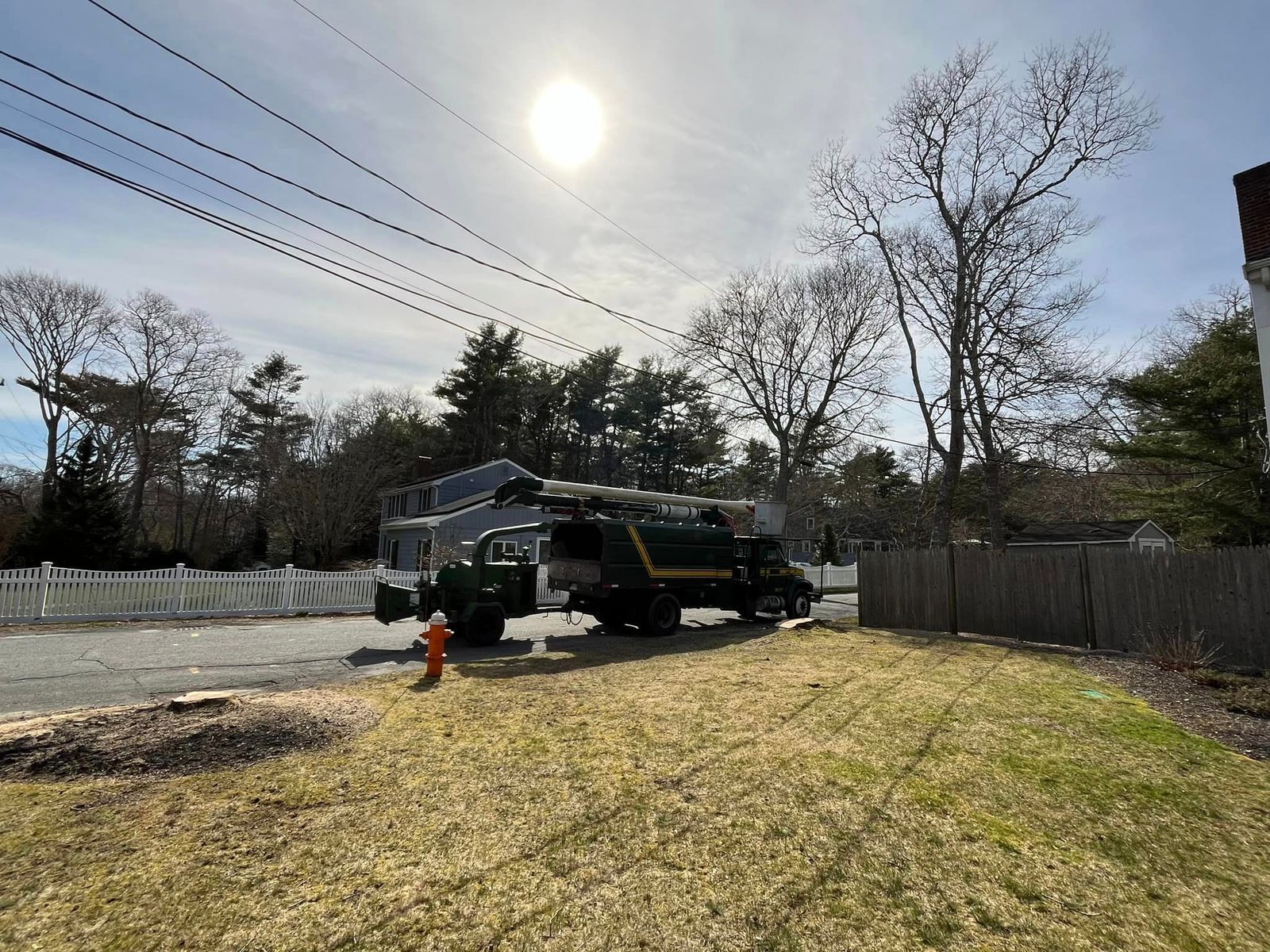 Green bucket truck parked on a Cape Cod street beside a lawn and a fresh stump, with bare trees behind it