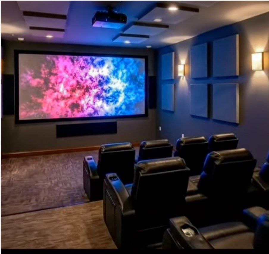 Custom home theater with projector, acoustic panels, sconces and leather recliners