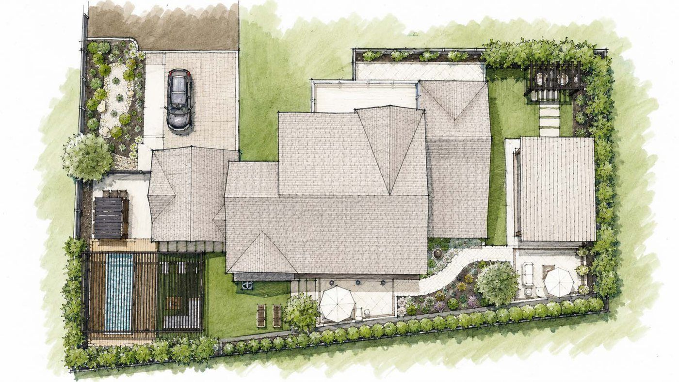 Hand-coloured overhead site plan of the property, showing the house footprint, driveway, pool and planting beds