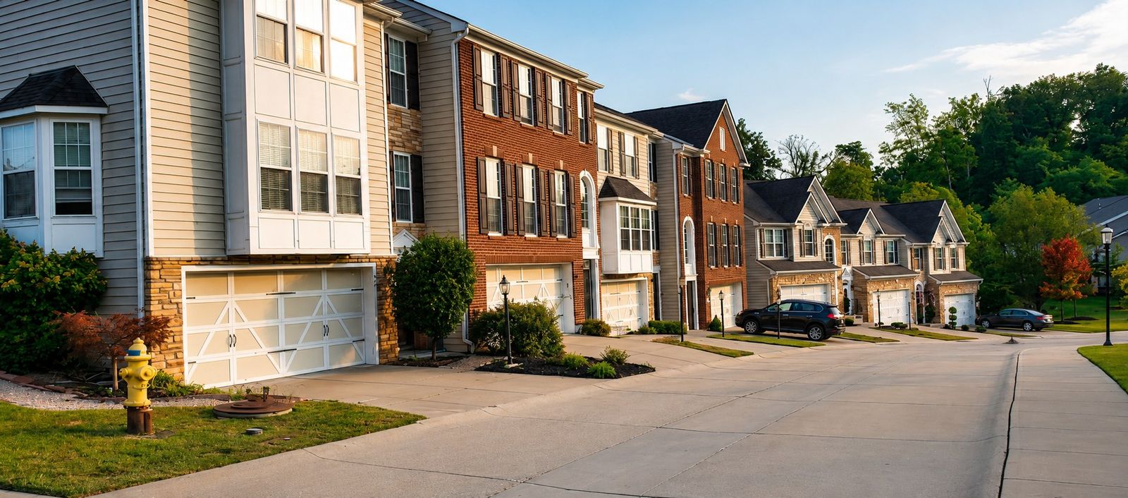 Row of brick and siding townhomes along a community street with garages and landscaping