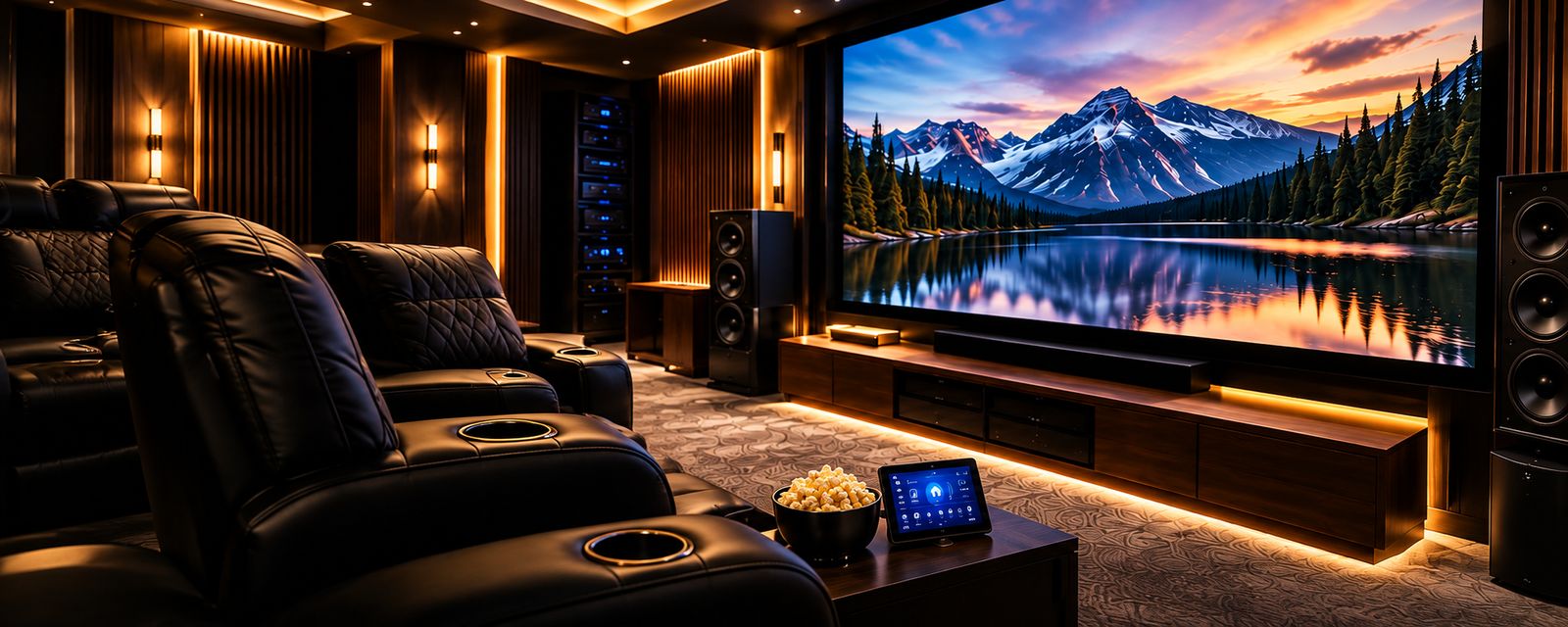 Custom home theater with leather recliners, amber accent lighting and a large projection screen by Legacy Smart System