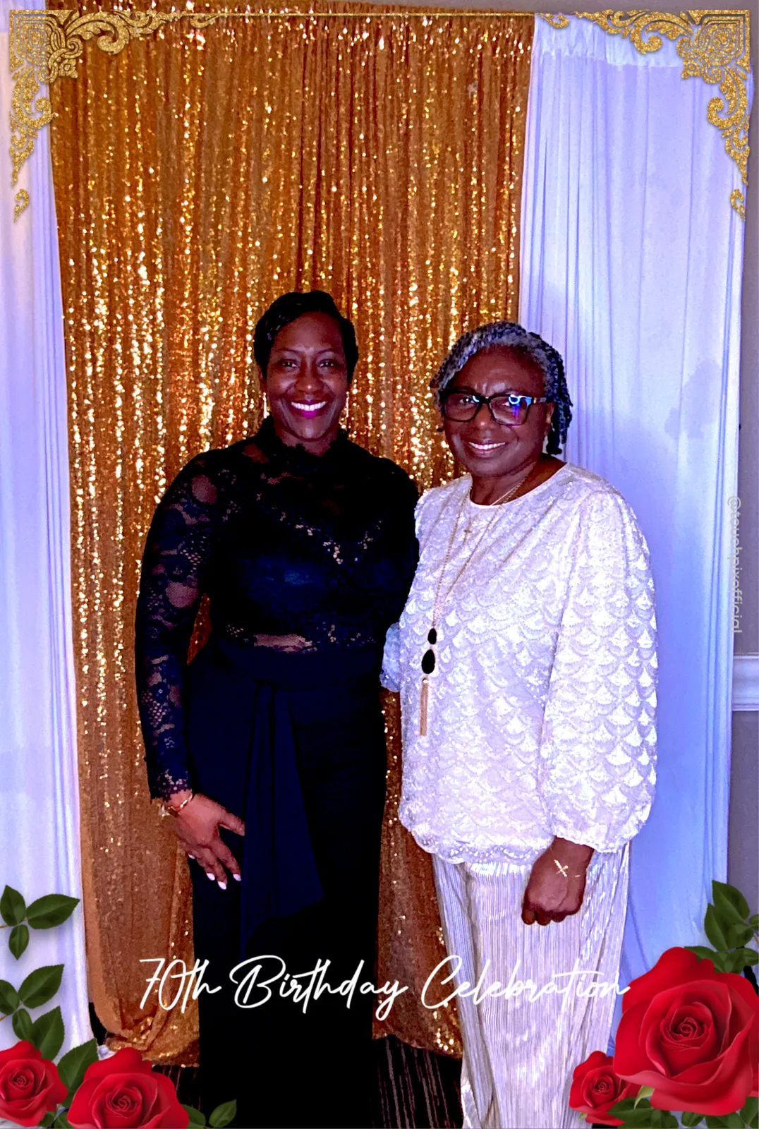 Guests posing in front of a gold sequin backdrop