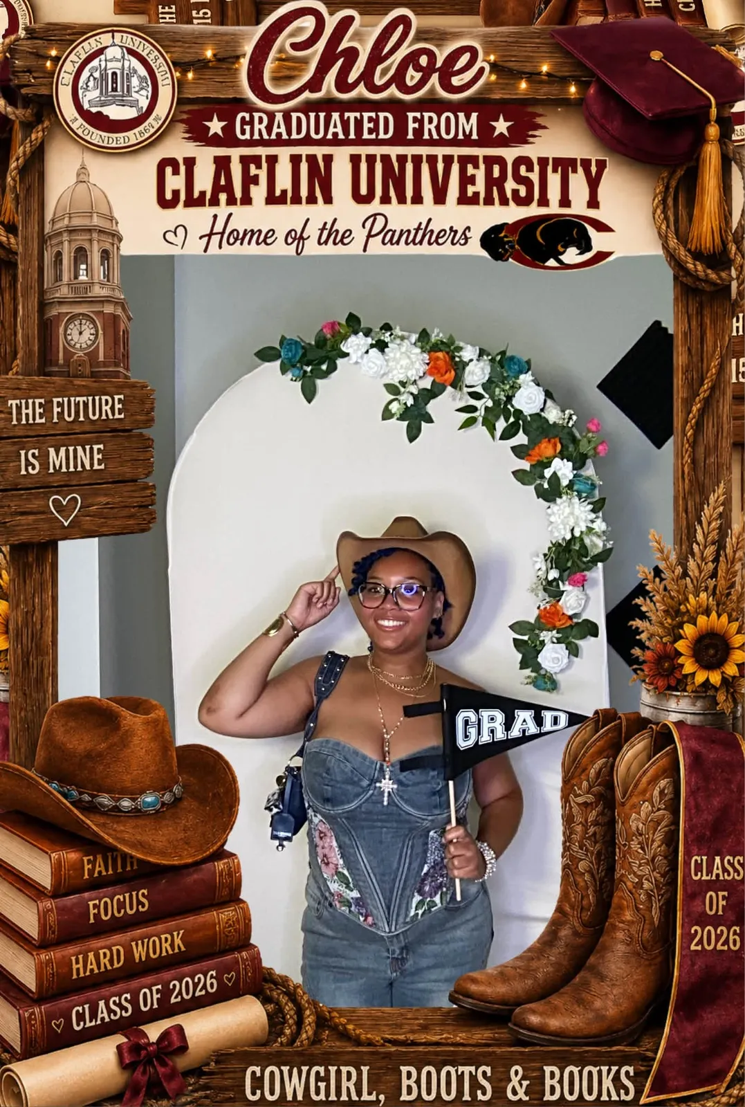 Guest posing inside a custom magazine cover photo frame