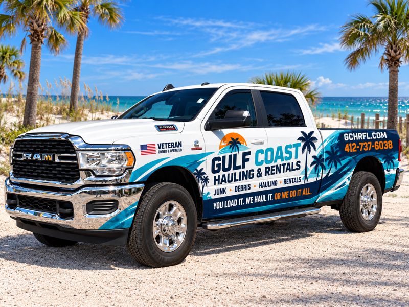 Gulf Coast Hauling & Rentals wrapped pickup truck parked by the beach