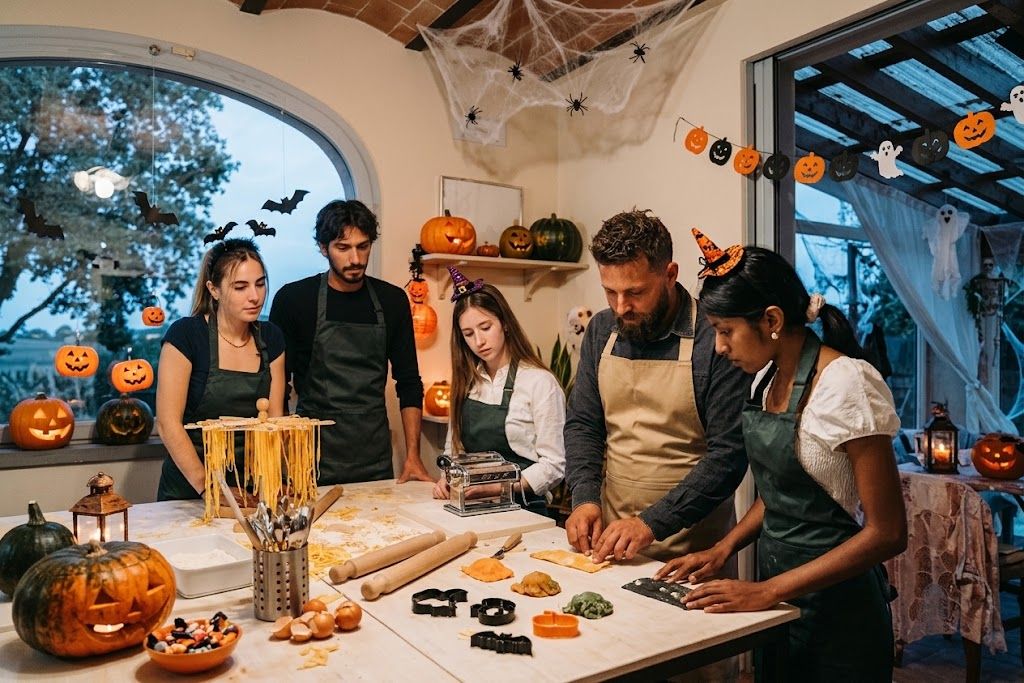 Guests in aprons making fresh pasta at a hands-on Halloween cooking class