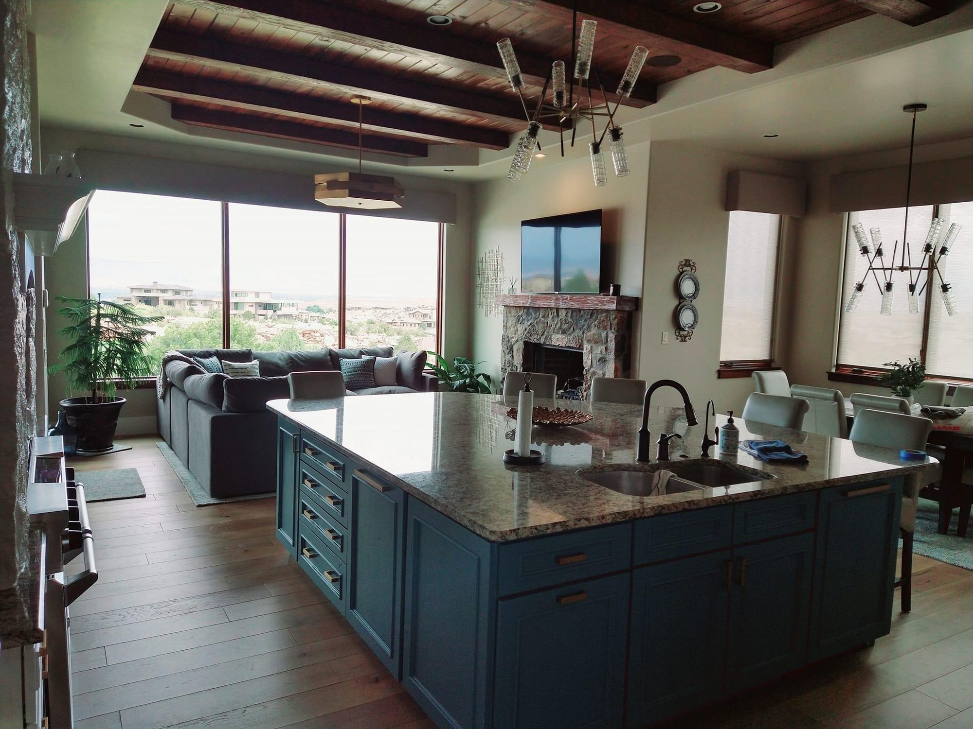 Kitchen with a stained beam ceiling and a view of the mesa, renovated by Hoffmann&rsquo;s Home Renovations in Fruita, Colorado