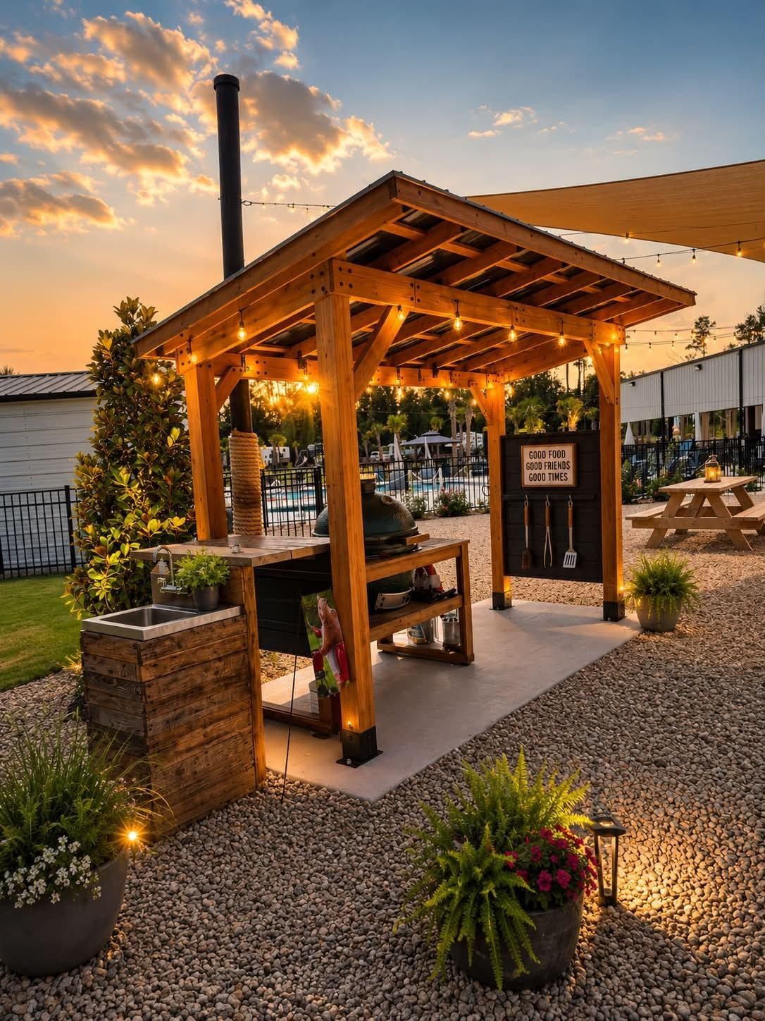 The Heritage Bar and covered lounge glowing at sunset at Heritage Oaks RV Resort in Wellborn, Florida