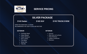Our Silver Package takes car detailing to the next level with a full body wash, clay bar treatment, spray wax, interior shampoo, and leather conditioning—offering advanced care that restores shine and protects your vehicle inside and out. Ideal for car owners seeking a professional deep clean and lasting protection. for J&I Luxury Detailing in Polk County, FL