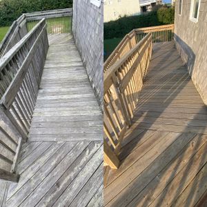 Our up to date methods of wood cleaning ensure your deck or fencing is cleaned & treated the right way. Hard or high pressure can and will destroy wood! Our soft wash mix & application process insures no splintered or feathered wood, while our post chemical treatment restores wood to its natural state. for Prime Time Pressure Washing & Roof Cleaning in Moyock, NC