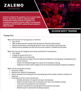 We offer on-site training and instant certification courses, taught by experienced Safety Professionals with decades of experience and knowledge in all standards set forth by OSHA & MSHA. (In-Person Only)

 for ZALEMO in Houston, TX