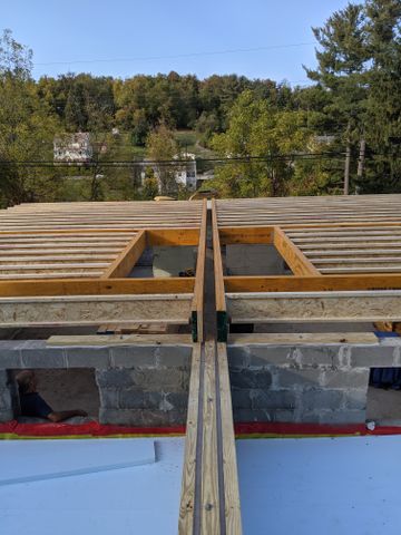 Roof truss framing seen from above with trees beyond