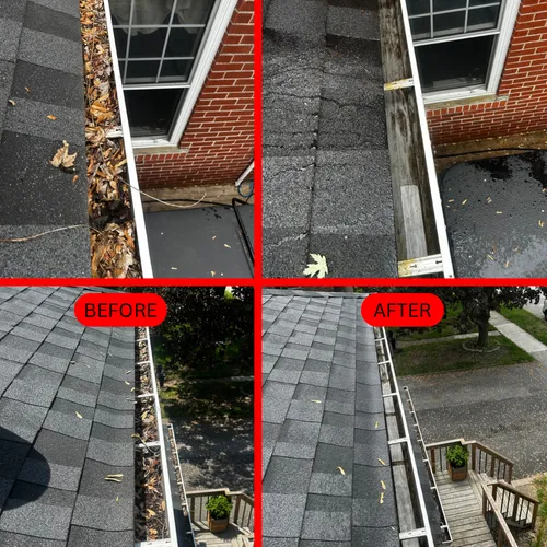 Gutter cleaning before and after showing a cleared eavestrough