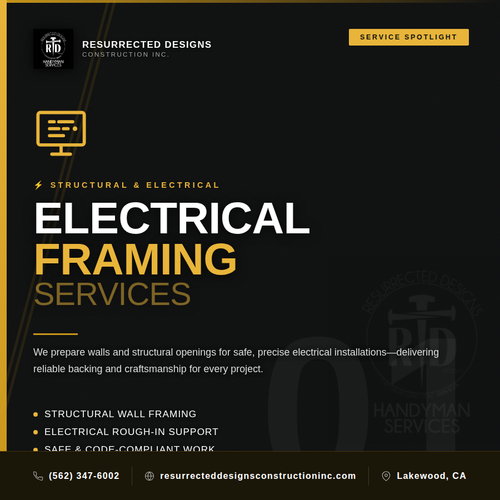 Electrical Framing Services for Resurrected Designs Construction in Lakewood, CA