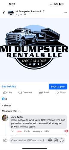  for MI Dumpster Rentals LLC in Bangor, MI